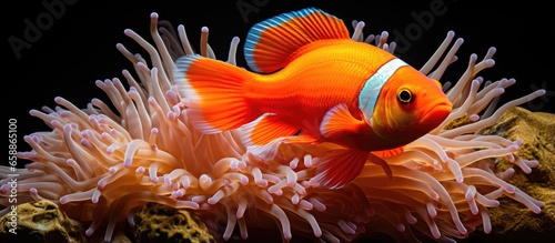 Orange fish seeks safety within carpet anemone With copyspace for text © 2rogan