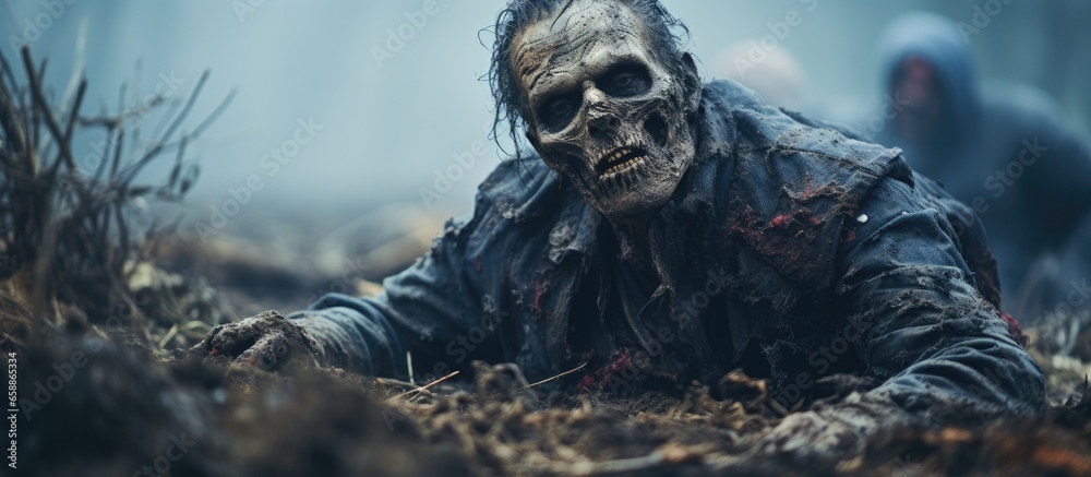 Zombie emerging from burial site With copyspace for text Zombie emerging from burial site With copyspace for text
