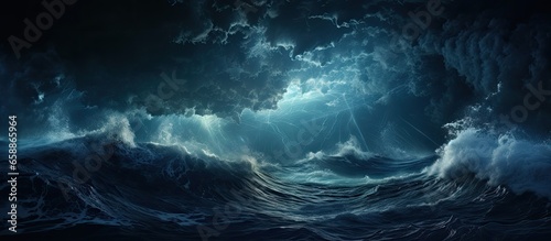 Nighttime with stormy weather and crashing waves With copyspace for text