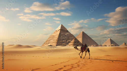 Pyramids of Giza with camels in front of it