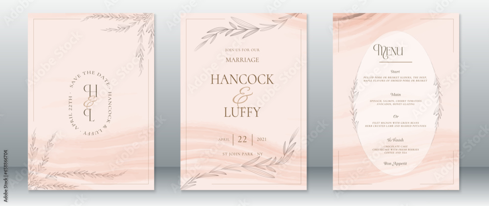 Elegant wedding invitation card template pink design with nature leaf and watercolor background