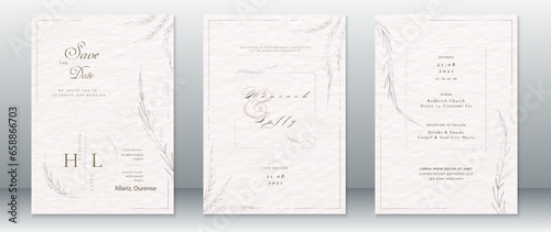 Minimalist wedding invitation card template natural design with leaf and white watercolor background