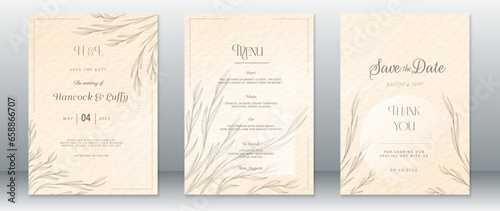 Elegant wedding invitation card template natural design with leaf and watercolor background
