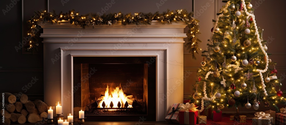 Festive home featuring a gas fireplace and decorated Christmas tree With copyspace for text Festive home featuring a gas fireplace and decorated Christmas tree With copyspace for text