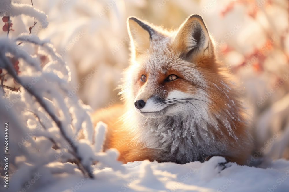 Portrait of a fox in winter forest Portrait of a fox in winter forest