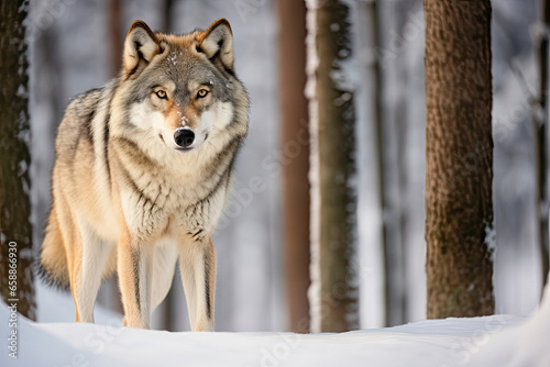 Portrait of a wolf in a winter forest