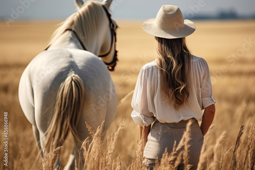 Back view of a woman with a horse in the field