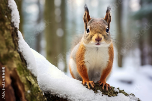 Portrait of a squirrel in a winter forest