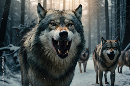 Pack of angry wolves in winter forest