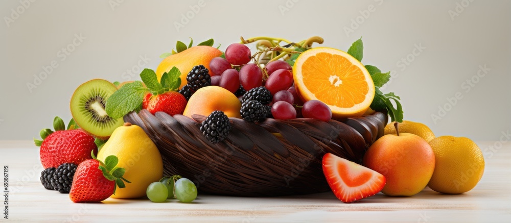 Fruit basket filled with fresh produce With copyspace for text Fruit basket filled with fresh produce With copyspace for text