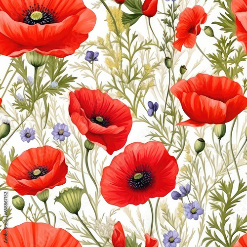 Watercolor poppy and wildflower seamless repeating floral pattern background