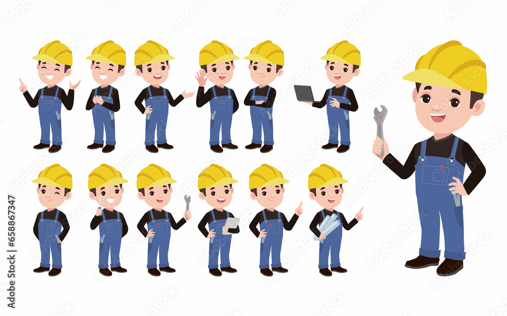 Set of worker with different poses