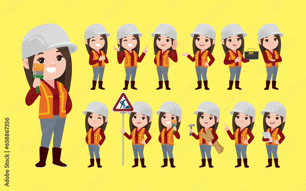 Set of worker with different poses