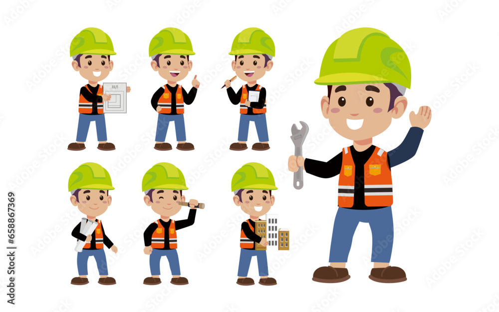 Set of worker with different poses