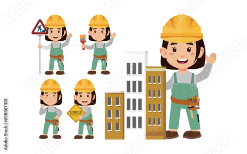 Set of worker with different poses