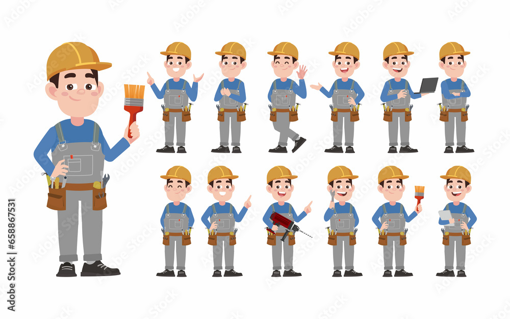 Set of worker with different poses