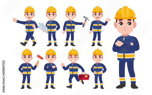 Set of worker with different poses
