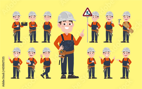 Set of worker with different poses