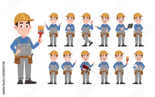 Set of worker with different poses
