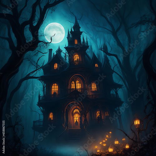 Halloween, an eerie moonlit night, haunted mansion