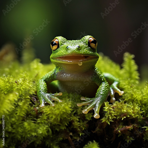 Capturing a Gleeful Moment  Close-up of a Gliding Frog, Almost Laughing, Perched on Moss in the Indonesian Forests © Saran