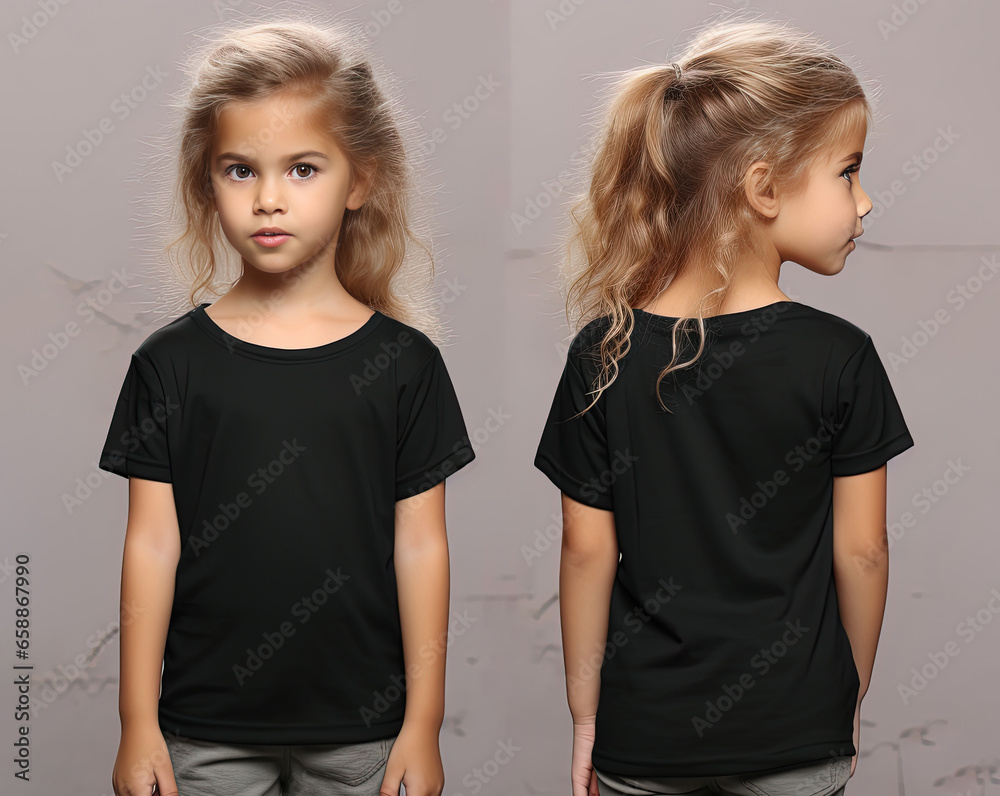 Front and back views of a little girl wearing a black T-shirt Front and back views of a little girl wearing a black T-shirt