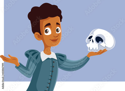 Theater Kid Acting in Hamlet Play Vector Cartoon Illustration. Talented child actor playing a man character ion monologue scene 
