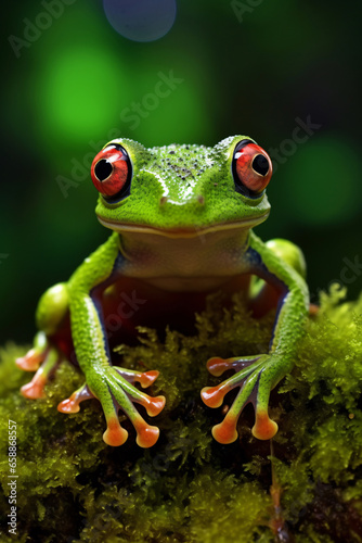 Capturing a Gleeful Moment Close-up of a Gliding Frog, Almost Laughing, Perched on Moss in the Indonesian Forests