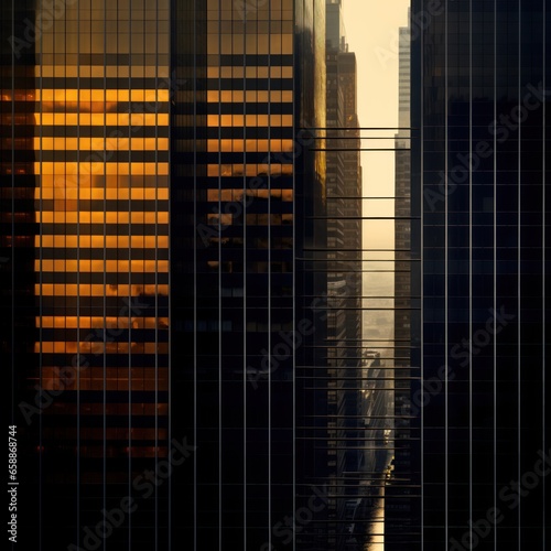 Sunset reflected in massive glass skyscrapers. AI Generation 