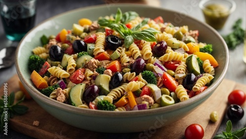 Pasta salad with tomato, broccoli, black olives, and cheese feta. Greek Salad with Pasta. 