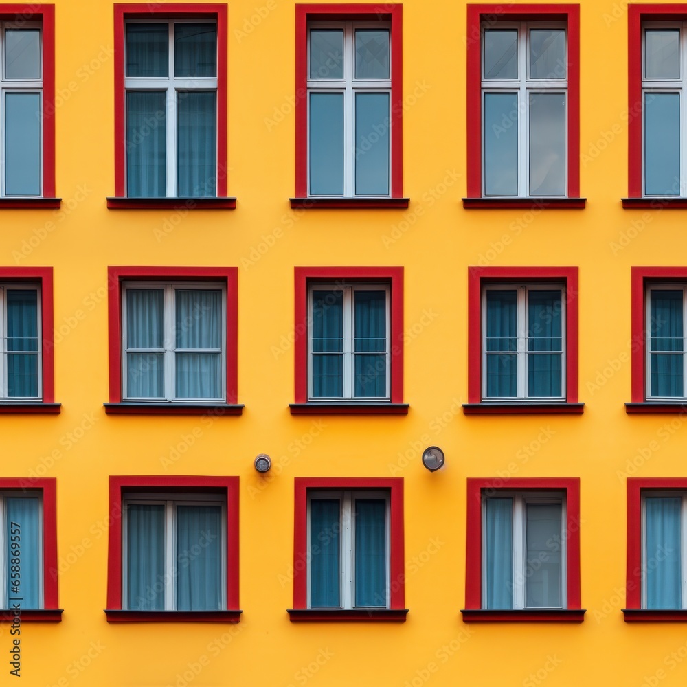 Seamless pattern texture of a yellow building facade with windows in a dark red frame. AI Generation 
