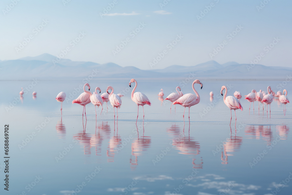 Naklejka premium group pink flamingos on the salt lake