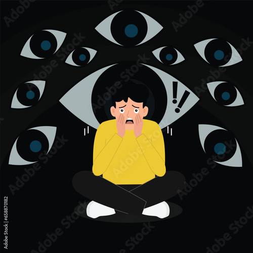  Mental disorder and Phobia. Man sits and imagines his eyes around him. Cartoon flat vector illustration.