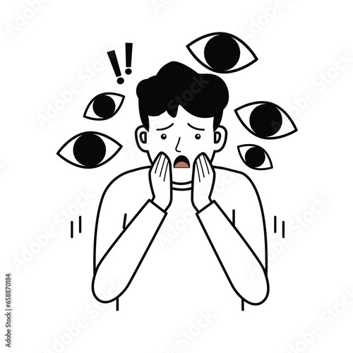  Mental disorder and Phobia. Man sits and imagines his eyes around him. Cartoon flat vector illustration.