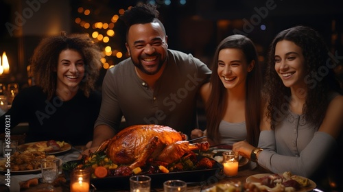 Friends sharing laughter and gratitude at Thanksgiving table