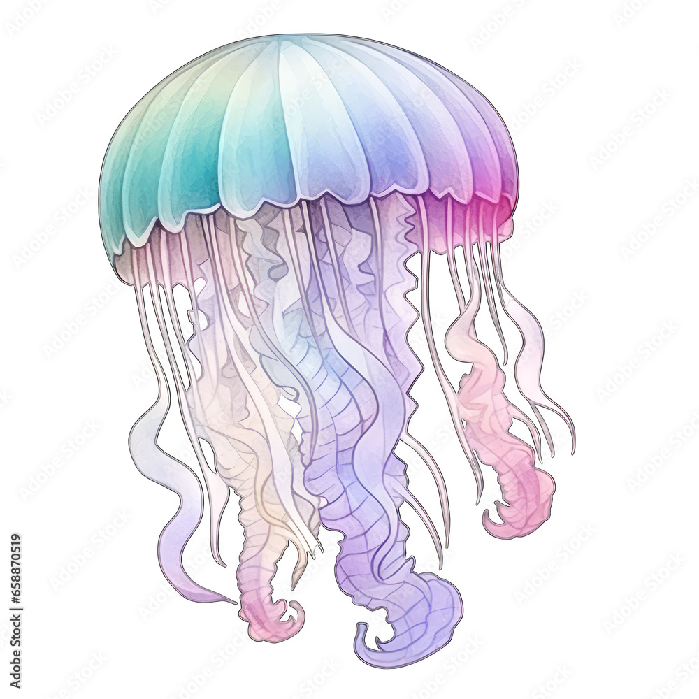 Fototapeta premium Pastel colored jellyfish in the water, isolated on white background