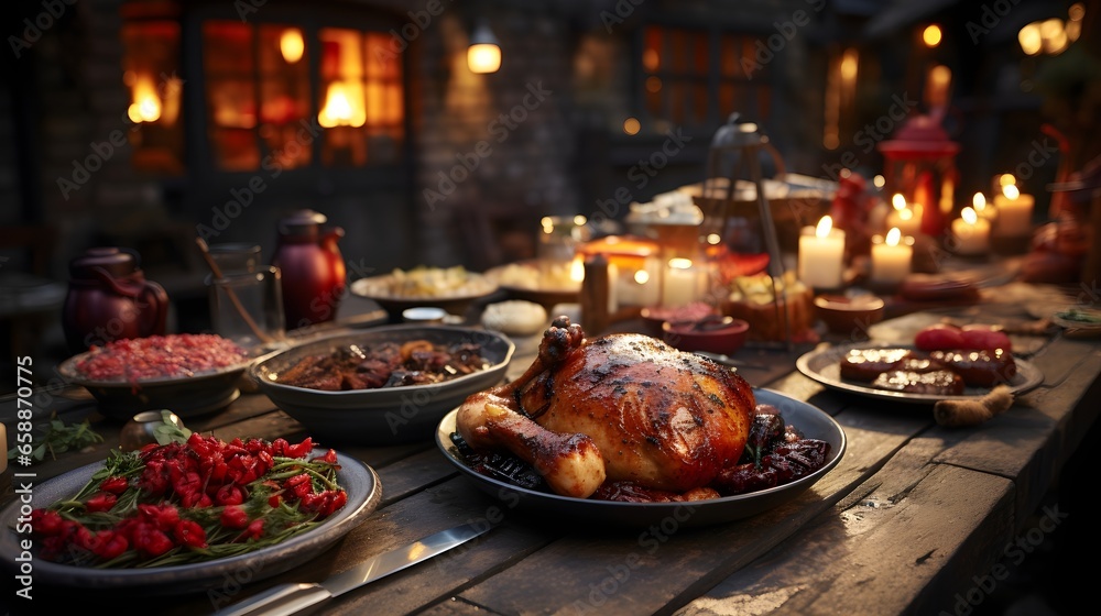 Golden Hour Feast: A meticulously set Thanksgiving table with turkey centerpiece, capturing the essence of the holiday