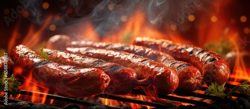 Grilled spicy sausage in summer garden With copyspace for text