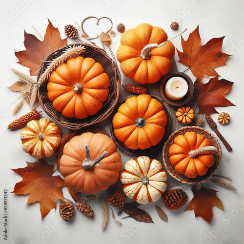 Autumn composition with pumpkins, leaves and candles on a white background. Generated by AI