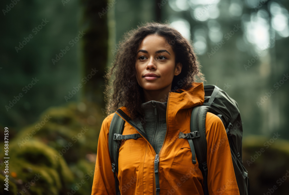 Female hiker hiking in the middle of the forest. Female hiker hiking in the middle of the forest.