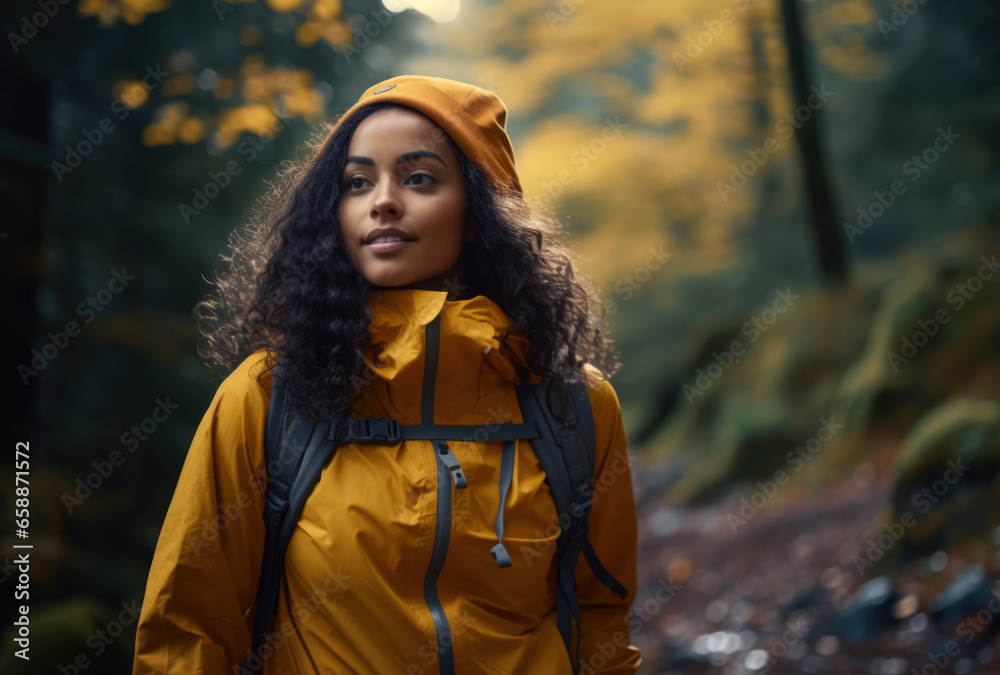 Female hiker hiking in the middle of the forest.