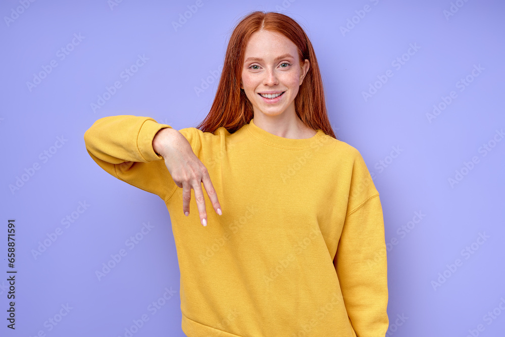 beautiful happy cheerful redhead woman in yellow stylish sweater ...