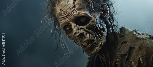 Decrepit male zombie reminiscent of the walking dead With copyspace for text