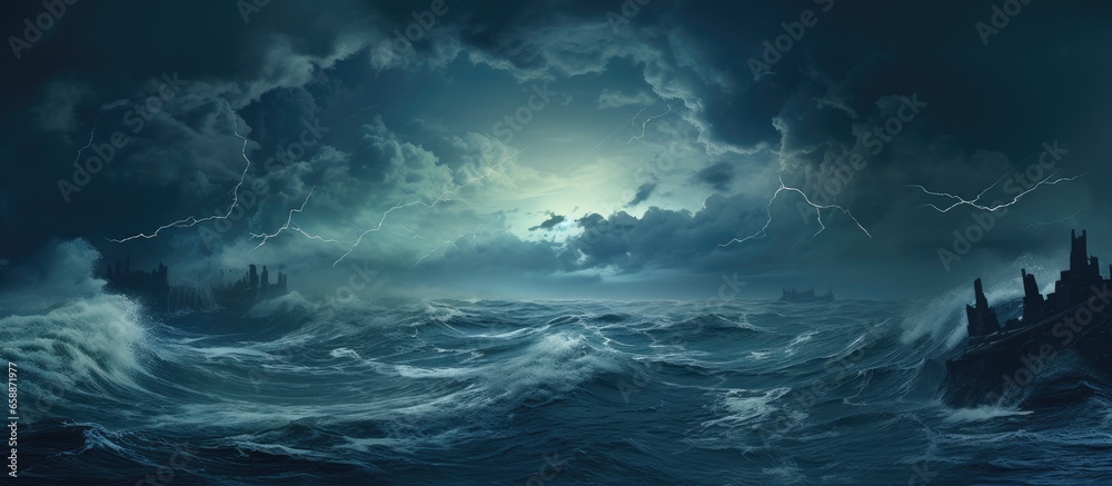 Ocean with stormy winds and dark clouds With copyspace for text