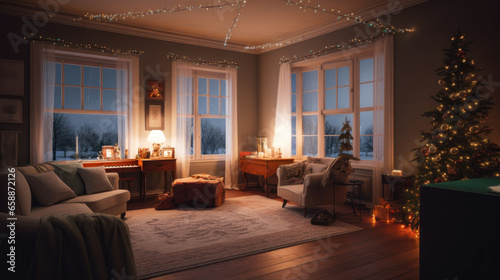 Charming room decorated with Christmas lights. Created with Generative AI Technology.