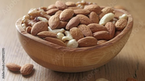 Assorted nuts of almonds, cashews, and walnuts in a wooden bowl. Healthy nutrition concept.