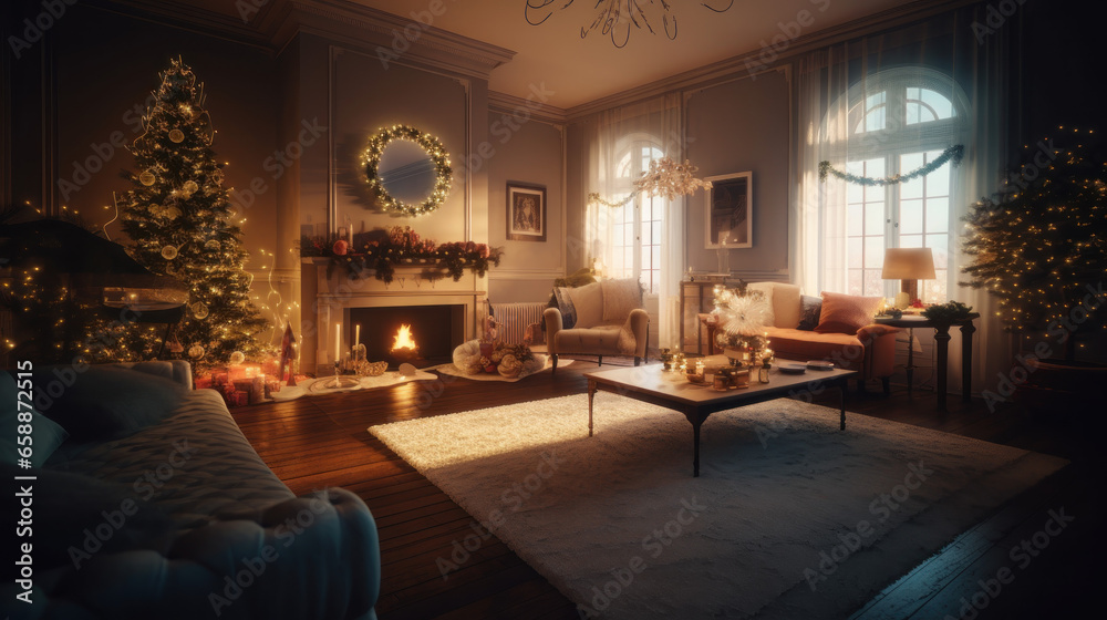 Charming room decorated with Christmas lights. Created with Generative AI Technology. Charming room decorated with Christmas lights. Created with Generative AI Technology.