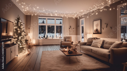 Charming room decorated with Christmas lights. Created with Generative AI Technology. © Andrew Hemmings
