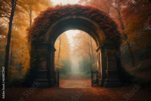 cozy autumn arch gate view forest