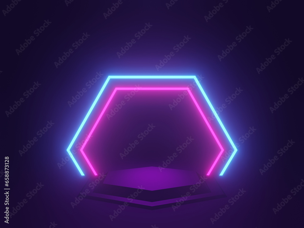 Black podium with blue and pink neon lights. Black podium with blue and pink neon lights.